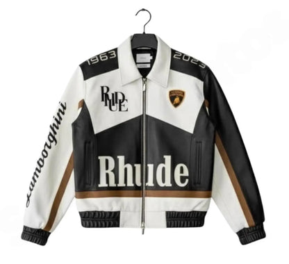 White and Black Lamborghini Rhude Jacket Racing PU Leather